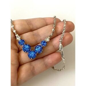 Necklace V Shaped Blue Glass Rhinestones Silver Tone Prom Jewelry Size: 16”